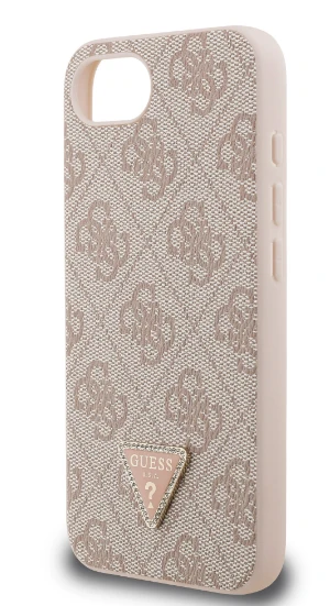 Guess PU 4G Strass Triangle Metal Logo dėklas Apple iPhone 16e rožinės spalvos