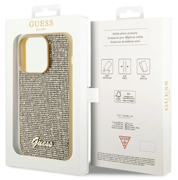 GUESS GUHCP15XPMSDGSD IPHONE 15 PRO MAX 6.7" AUKSINIS/AUKSINIS KIETAS DĖKLAS DISCO METAL SCRIPT