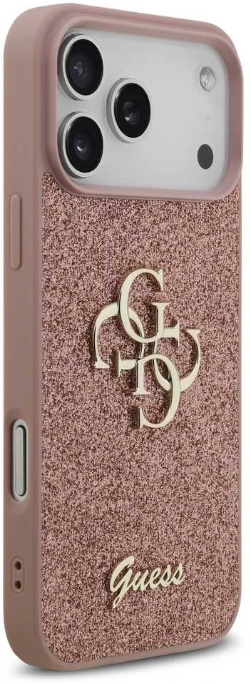 Guess PU Fixed Glitter 4G Metal Logo dėklas skirtas Apple iPhone 17 Pro Max rožinės spalvos