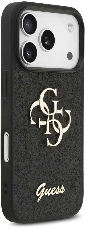 Guess PU Fixed Glitter 4G Metal Logo dėklas skirtas Apple iPhone 17 Pro juodos spalvos