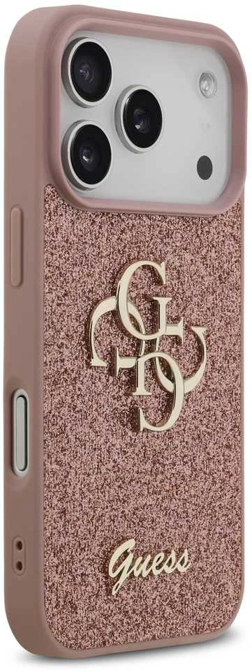 Guess PU Fixed Glitter 4G Metal Logo dėklas skirtas Apple iPhone 17 Pro rožinės spalvos