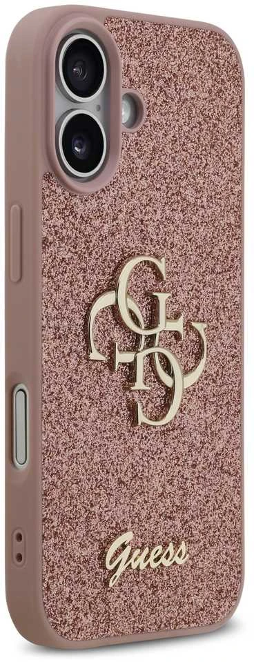 Guess PU Fixed Glitter 4G Metal Logo dėklas skirtas Apple iPhone 17 rožinės spalvos