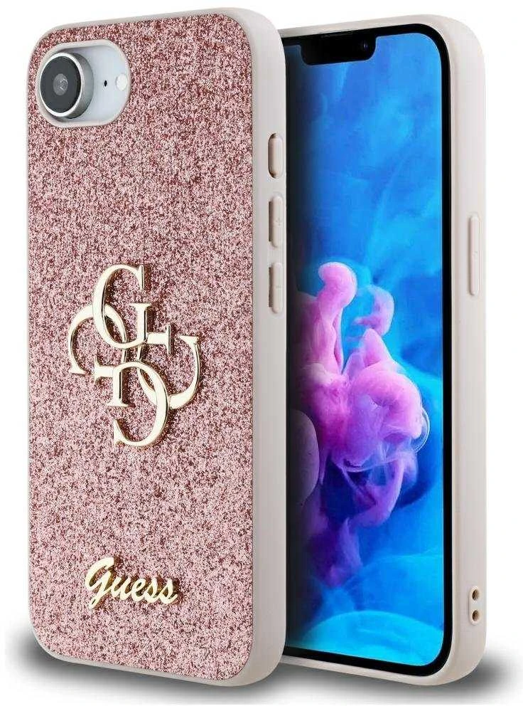 Guess PU Fixed Glitter 4G Metal Logo Apple iPhone 16e dėklas telefonui rožinės spalvos