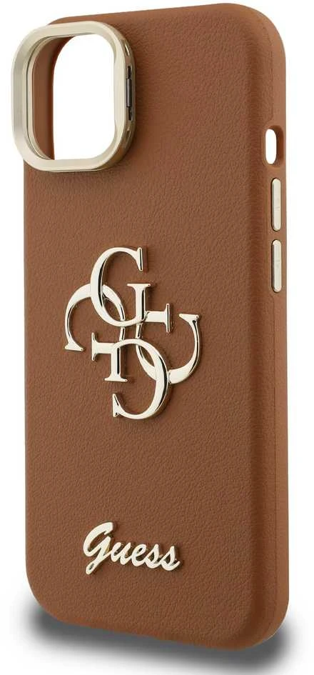 Guess PU Grained 4G Logo Stand Camera Frame dėklas skirtas Apple iPhone 14 rudos spalvos