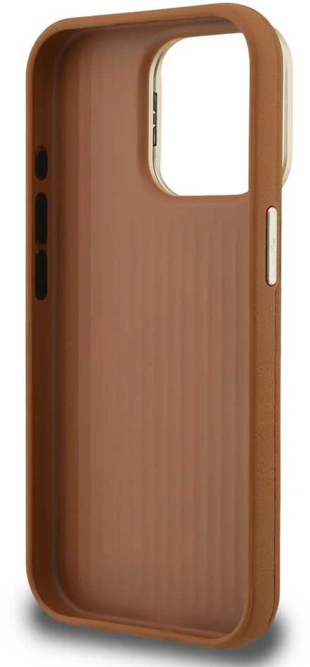 Guess PU Grained 4G Logo Stand Camera Frame dėklas skirtas Apple iPhone 15 Pro rudos spalvos