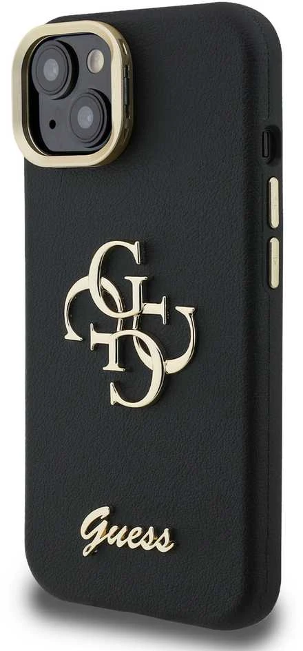 Guess PU Grained 4G Logo Stand Camera Frame dėklas skirtas Apple iPhone 15 juodos spalvos