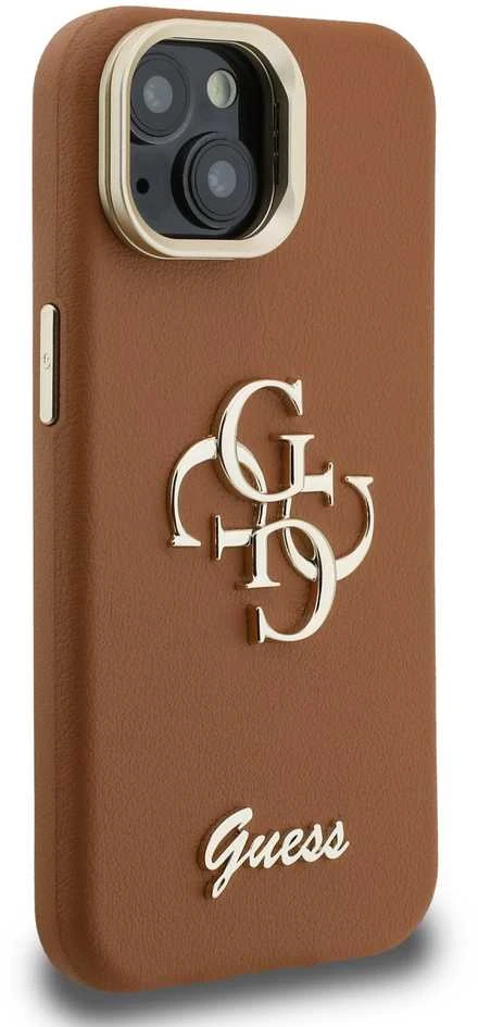 Guess PU Grained 4G Logo Stand Camera Frame dėklas skirtas Apple iPhone 14 rudos spalvos
