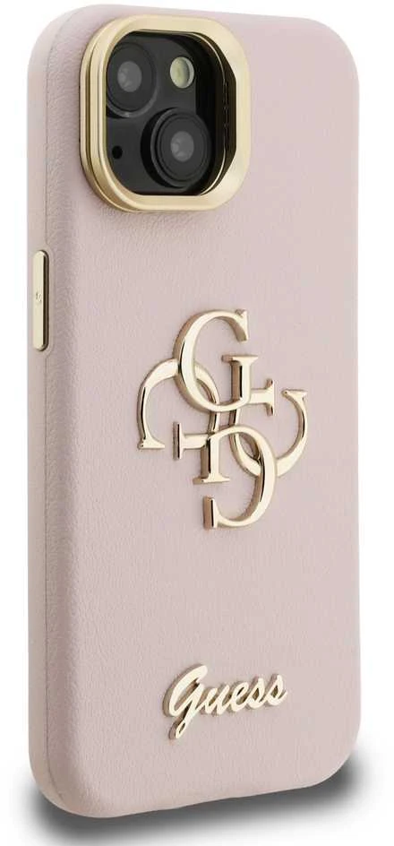 Guess PU Grained 4G Logo Stand Camera Frame dėklas skirtas Apple iPhone 15 rožinės spalvos