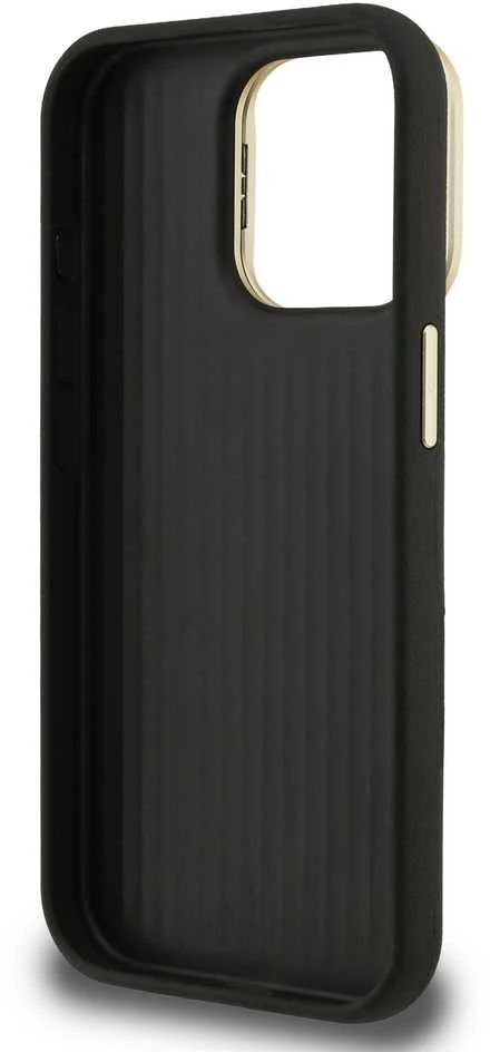 Guess PU Grained 4G Logo Stand Camera Frame dėklas skirtas Apple iPhone 15 Pro juodos spalvos