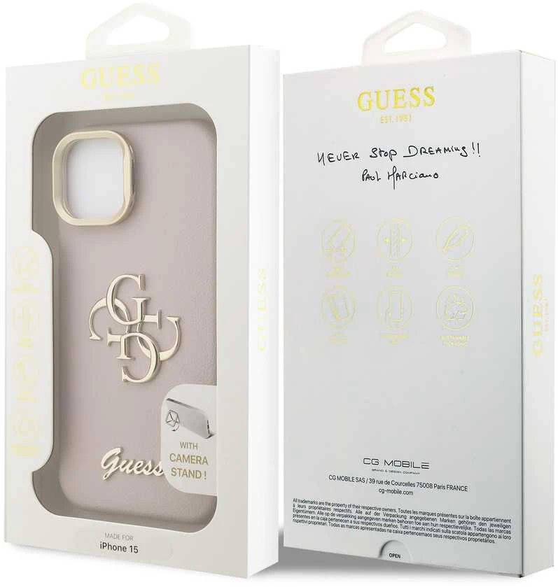 Guess PU Grained 4G Logo Stand Camera Frame dėklas skirtas Apple iPhone 15 rožinės spalvos