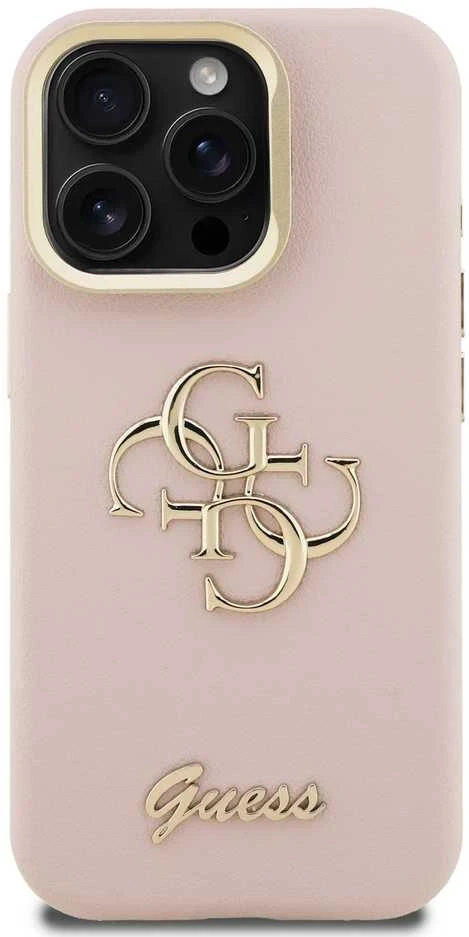 Guess PU Grained 4G Logo Stand Camera Frame dėklas skirtas Apple iPhone 15 Pro rožinės spalvos