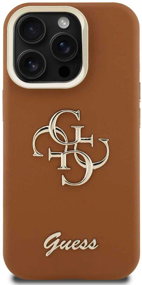 Guess PU Grained 4G Logo Stand Camera Frame dėklas skirtas Apple iPhone 15 Pro Max rudos spalvos