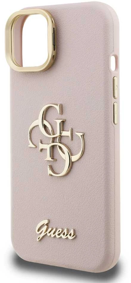 Guess PU Grained 4G Logo Stand Camera Frame dėklas skirtas Apple iPhone 15 rožinės spalvos