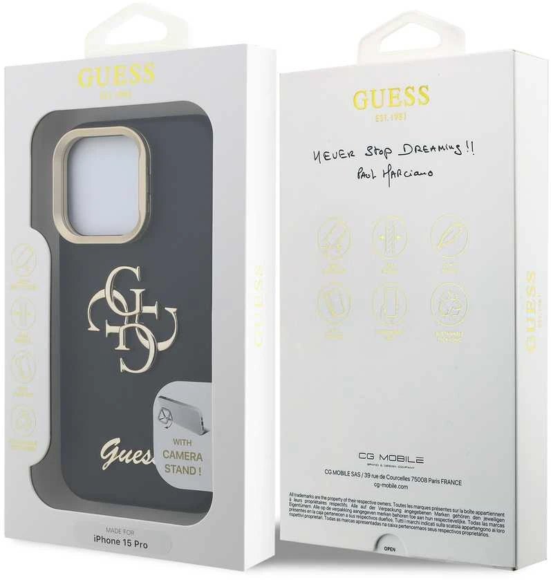 Guess PU Grained 4G Logo Stand Camera Frame dėklas skirtas Apple iPhone 15 Pro juodos spalvos