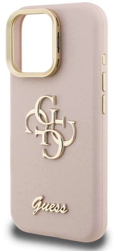 Guess PU Grained 4G Logo Stand Camera Frame dėklas skirtas Apple iPhone 15 Pro rožinės spalvos