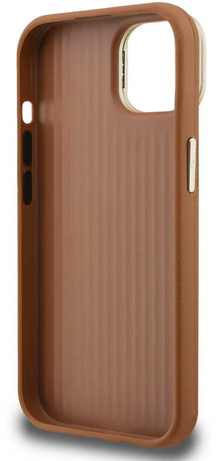 Guess PU Grained 4G Logo Stand Camera Frame dėklas skirtas Apple iPhone 13 rudos spalvos