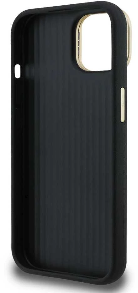 Guess PU Grained 4G Logo Stand Camera Frame dėklas skirtas Apple iPhone 15 juodos spalvos