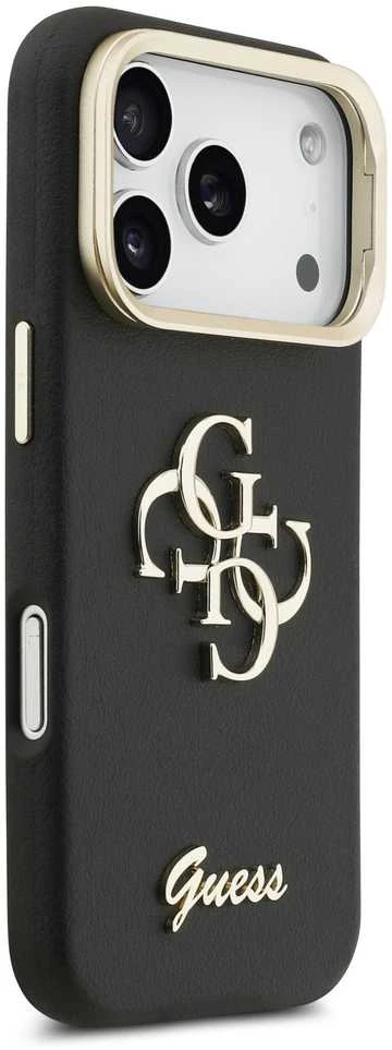 Guess PU Grained 4G Logo Stand Camera Frame dėklas skirtas Apple iPhone 17 Pro juodos spalvos