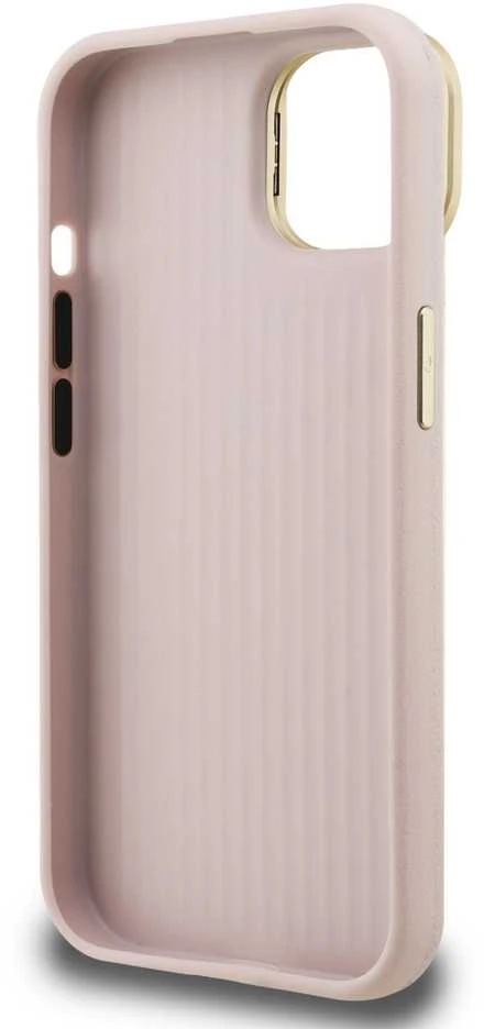 Guess PU Grained 4G Logo Stand Camera Frame dėklas skirtas Apple iPhone 15 rožinės spalvos
