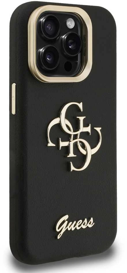 Guess PU Grained 4G Logo Stand Camera Frame dėklas skirtas Apple iPhone 15 Pro juodos spalvos