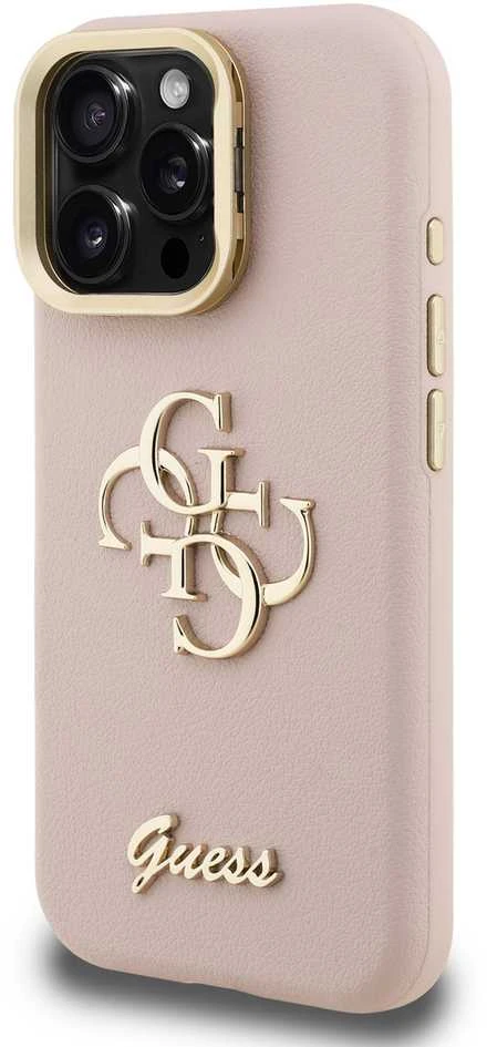 Guess PU Grained 4G Logo Stand Camera Frame dėklas skirtas Apple iPhone 15 Pro rožinės spalvos