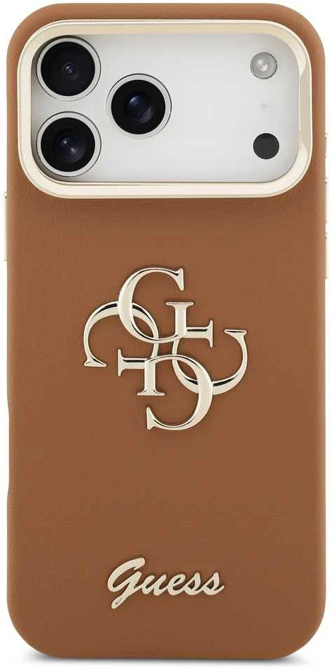 Guess PU Grained 4G Logo Stand Camera Frame dėklas skirtas Apple iPhone 17 Pro Max rudos spalvos