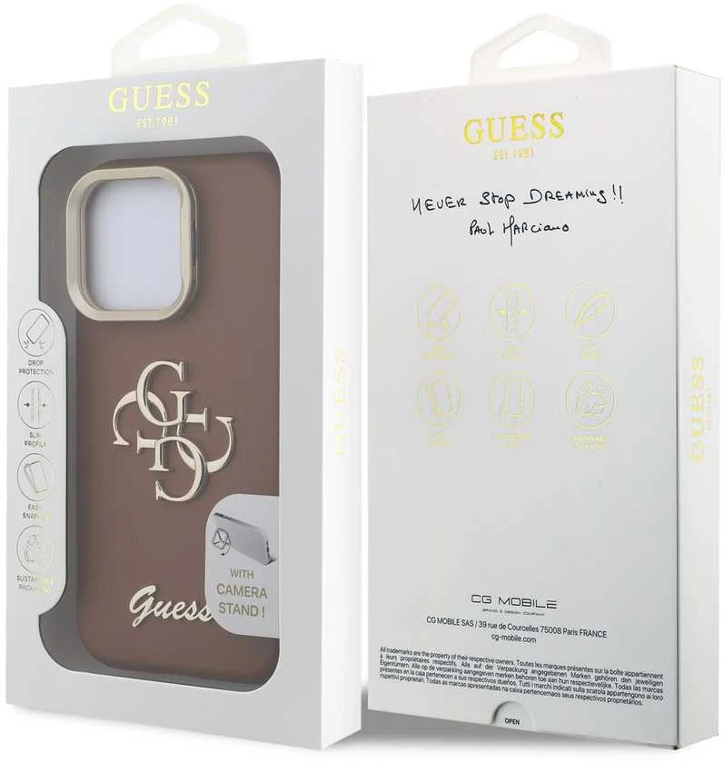 Guess PU Grained 4G Logo Stand Camera Frame dėklas skirtas Apple iPhone 15 Pro Max rudos spalvos