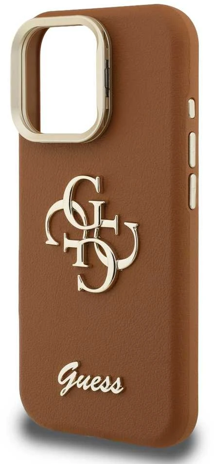 Guess PU Grained 4G Logo Stand Camera Frame dėklas skirtas Apple iPhone 15 Pro Max rudos spalvos