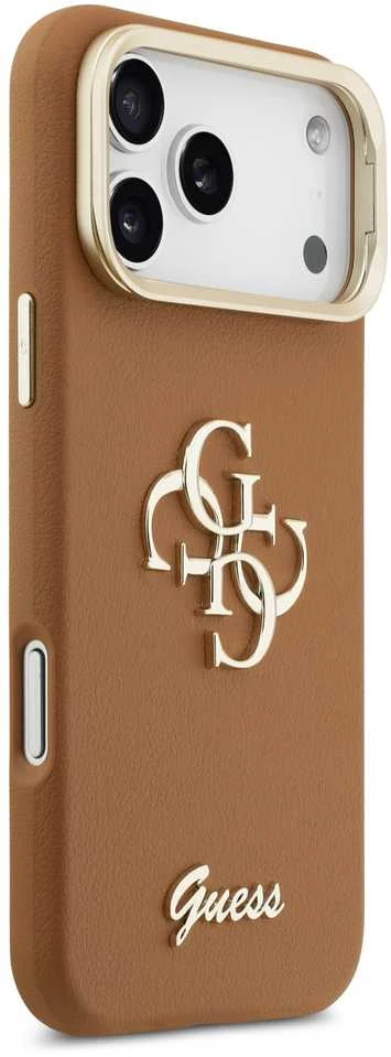 Guess PU Grained 4G Logo Stand Camera Frame dėklas skirtas Apple iPhone 17 Pro Max rudos spalvos