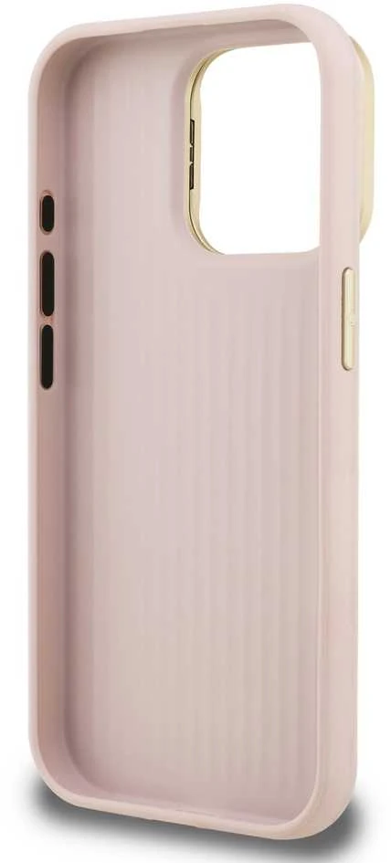Guess PU Grained 4G Logo Stand Camera Frame dėklas skirtas Apple iPhone 15 Pro rožinės spalvos