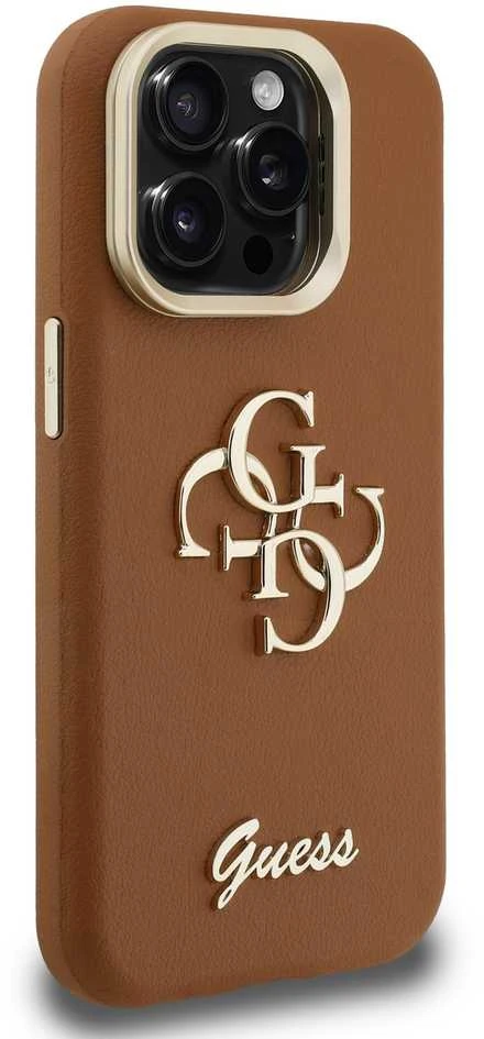 Guess PU Grained 4G Logo Stand Camera Frame dėklas skirtas Apple iPhone 15 Pro Max rudos spalvos