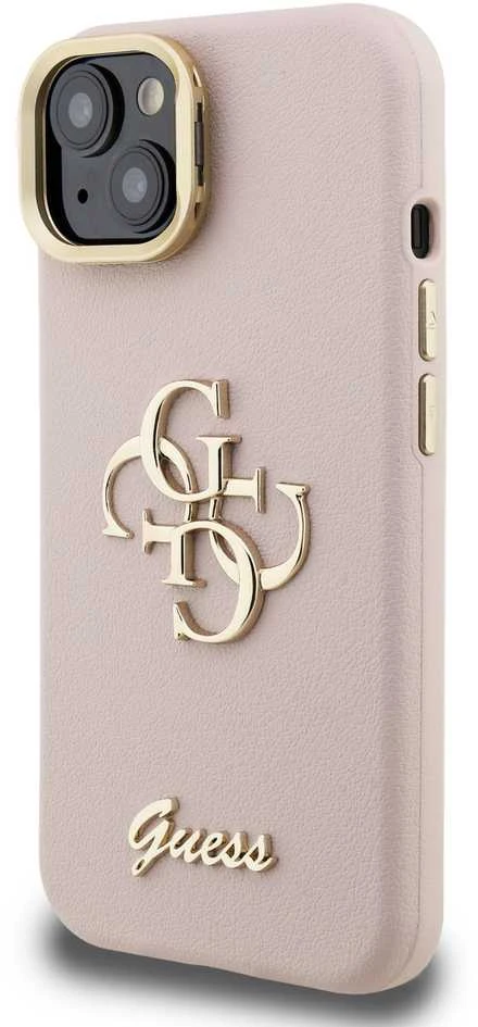Guess PU Grained 4G Logo Stand Camera Frame dėklas skirtas Apple iPhone 15 rožinės spalvos