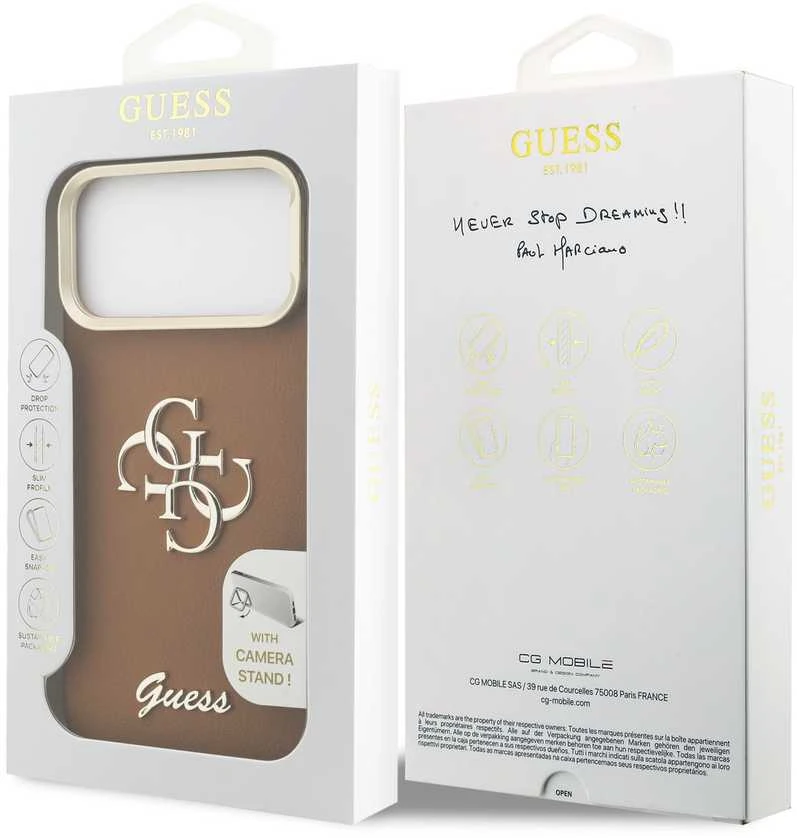 Guess PU Grained 4G Logo Stand Camera Frame dėklas skirtas Apple iPhone 17 Pro Max rudos spalvos
