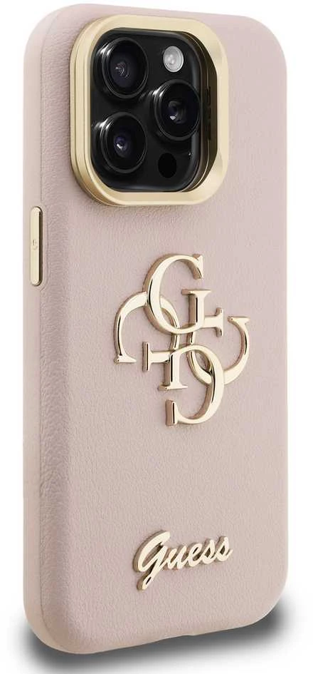 Guess PU Grained 4G Logo Stand Camera Frame dėklas skirtas Apple iPhone 15 Pro rožinės spalvos