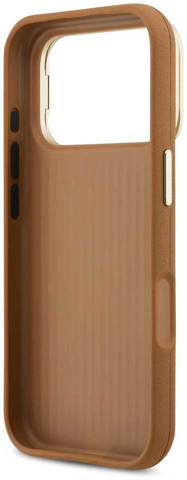 Guess PU Grained 4G Logo Stand Camera Frame dėklas skirtas Apple iPhone 17 Pro rudos spalvos