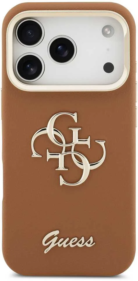 Guess PU Grained 4G Logo Stand Camera Frame dėklas skirtas Apple iPhone 17 Pro rudos spalvos