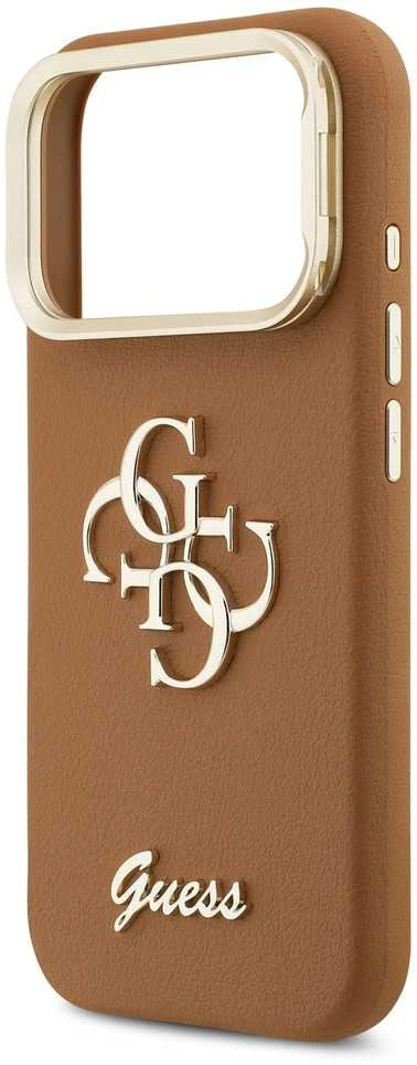 Guess PU Grained 4G Logo Stand Camera Frame dėklas skirtas Apple iPhone 17 Pro rudos spalvos