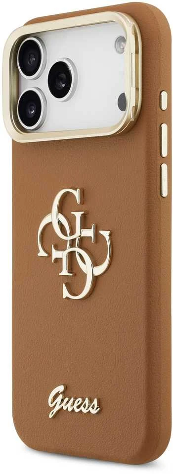 Guess PU Grained 4G Logo Stand Camera Frame dėklas skirtas Apple iPhone 17 Pro Max rudos spalvos