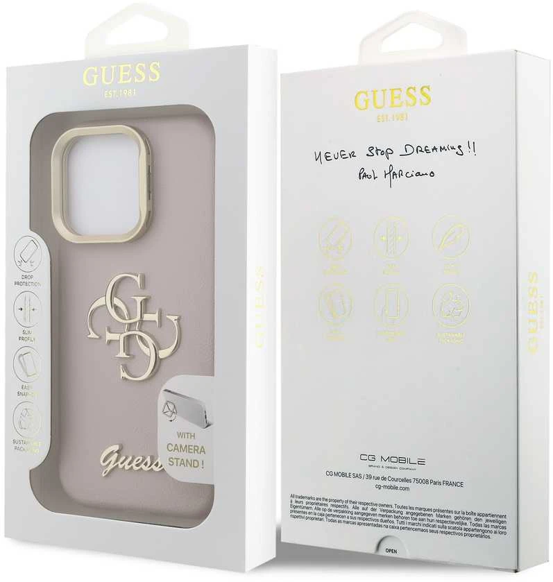 Guess PU Grained 4G Logo Stand Camera Frame dėklas skirtas Apple iPhone 15 Pro rožinės spalvos