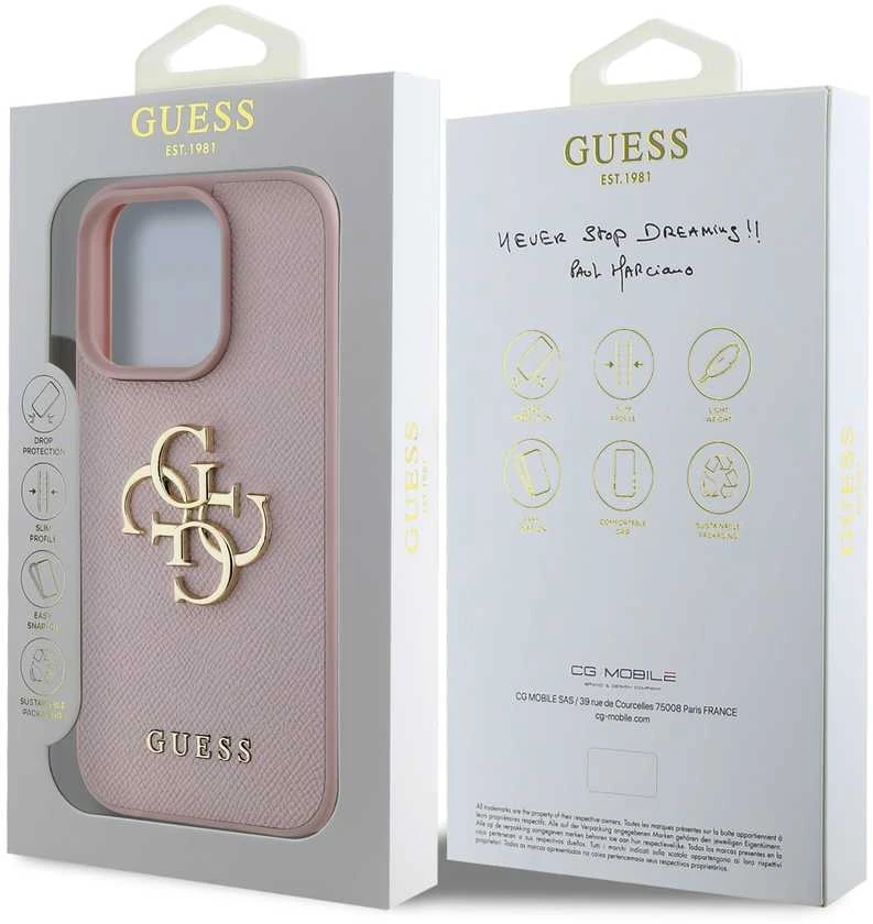 Guess PU Grained 4G Metal Logo Apple iPhone 15 Pro dėklas telefonui rožinės spalvos
