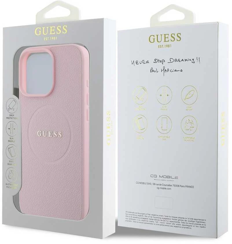 Guess GUHMP16LPGHSMMP Apple iPhone 16 Pro 6.3″ rožinės spalvos kietas dėklas Grained Ring MagSafe