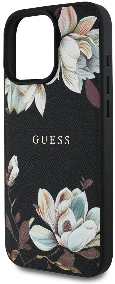 Guess Grained Printed Flower Pattern MagSafe - dėklas skirtas Apple iPhone 16 Pro juodas