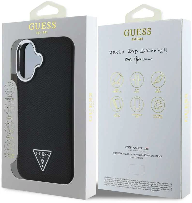 Guess Grained Triangle MagSafe case Apple iPhone 16 – dėklas telefonui juodos spalvos