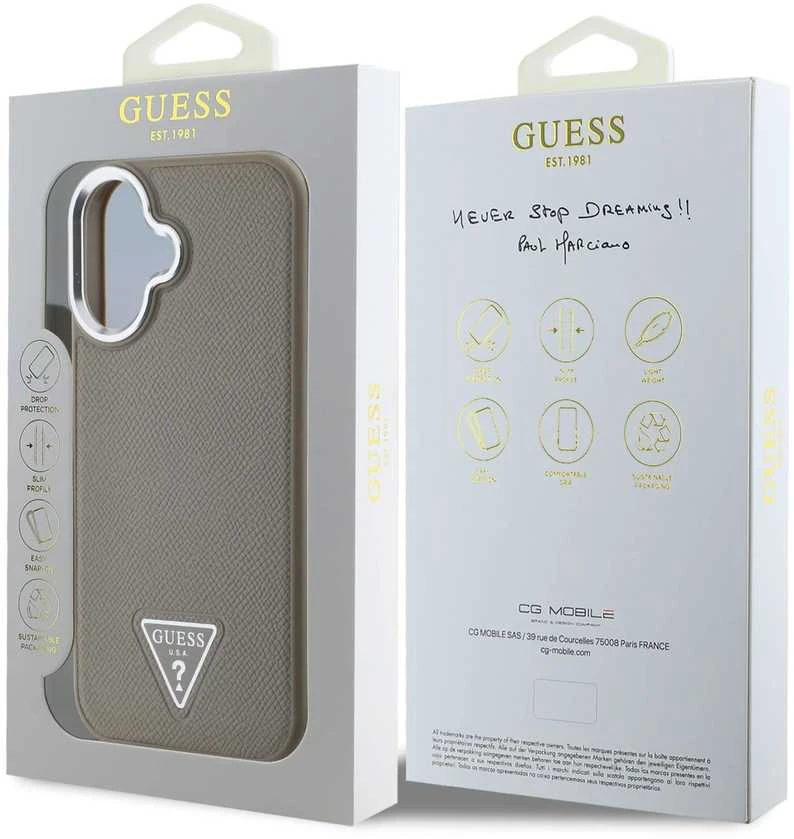 Guess PU Grained Triangle Logo Apple iPhone 16 dėklas telefonui rudos spalvos