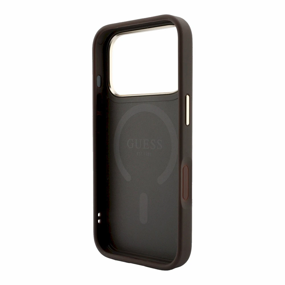 Guess Embossed 4G Classic MagSafe dėklas, skirtas iPhone 18 Pro Max / iPhone 17 Pro Max, rudas