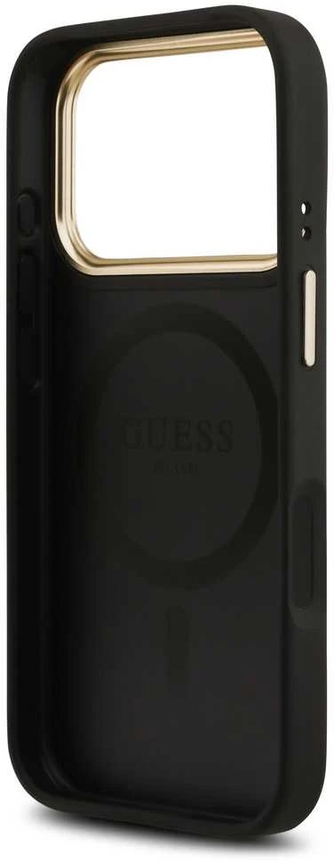 Guess PU Leather 4G Gold Frame MagSafe dėklas skirtas Apple iPhone 17 Pro juodos spalvos
