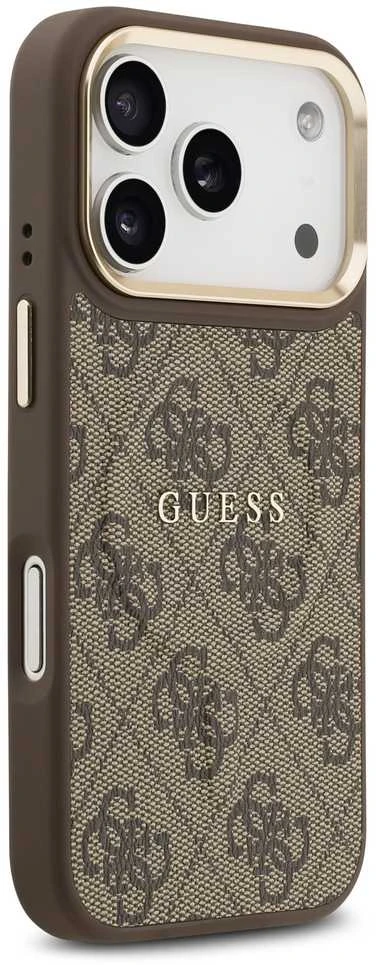 Guess PU Leather 4G Gold Frame MagSafe dėklas skirtas Apple iPhone 17 Pro rudos spalvos