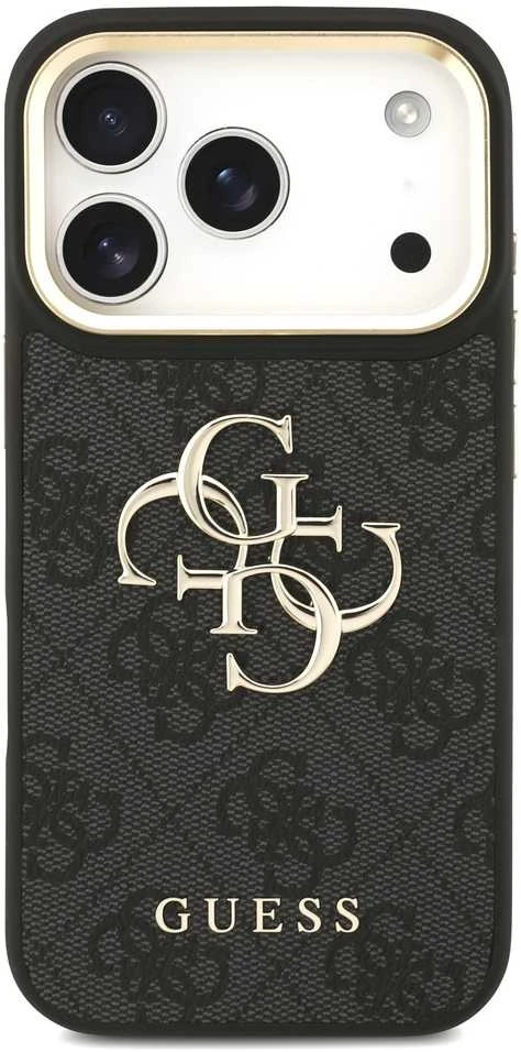 Guess PU Leather 4G Metal Logo Gold Frame dėklas skirtas Apple iPhone 17 Pro juodos spalvos