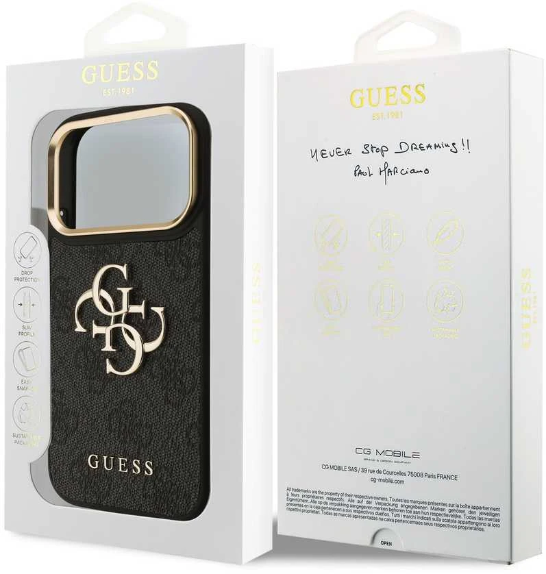 Guess PU Leather 4G Metal Logo Gold Frame dėklas skirtas Apple iPhone 17 Pro juodos spalvos