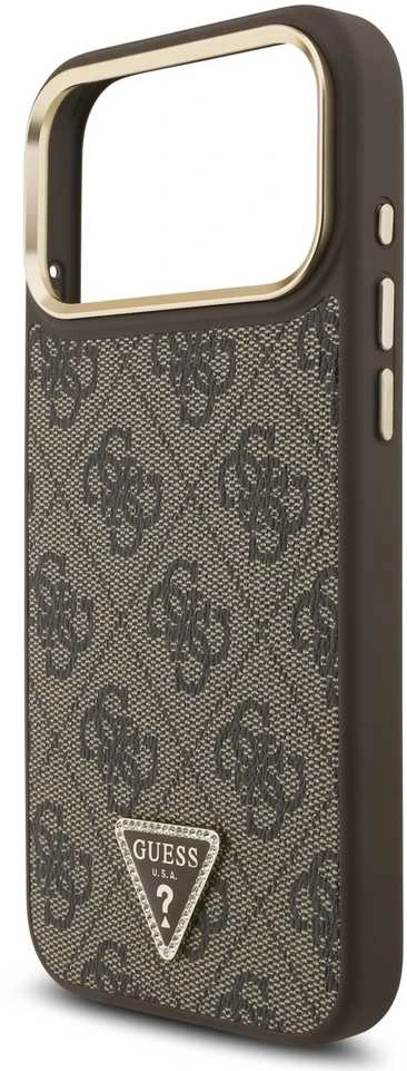 Guess PU Leather 4G Strass Triangle Logo Gold Frame MagSafe dėklas skirtas Apple iPhone 17 Pro Max rudos spalvos